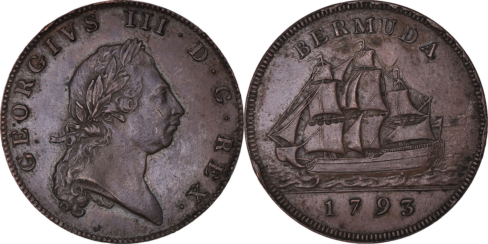 Bermuda Penny 1793 Münze, George III, SS+, Kupfer, KM:5 | MA-Shops