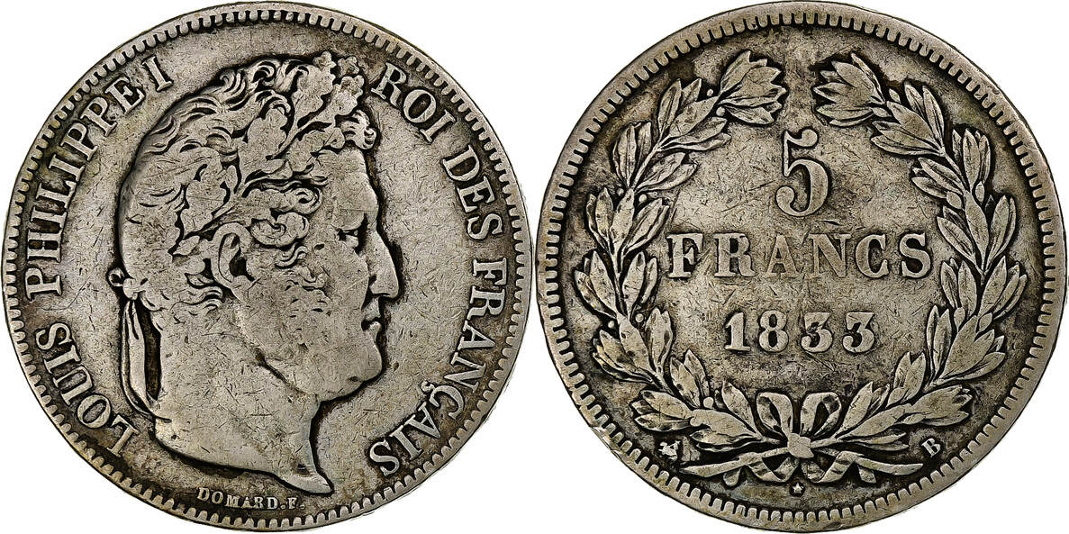 Frankreich 5 Francs 1833 B Münze, Louis-Philippe, Rouen, S, Silber, KM ...