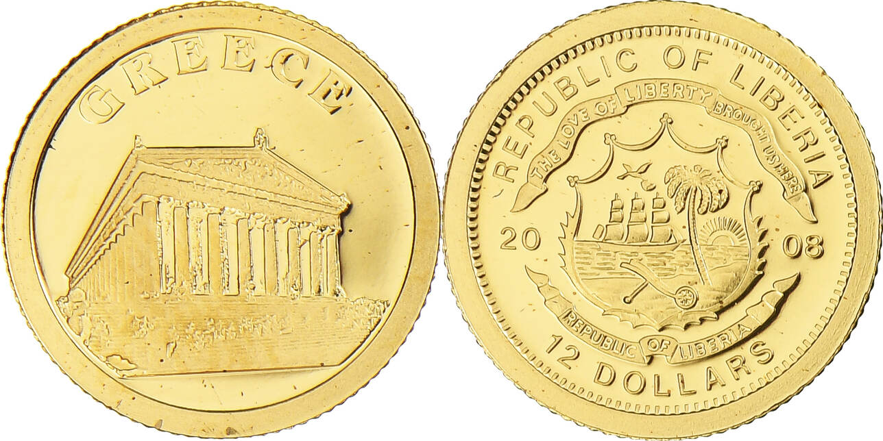 Liberia 12 Dollars 2008 Parthénon, Proof / BE, STGL, Gold | MA-Shops