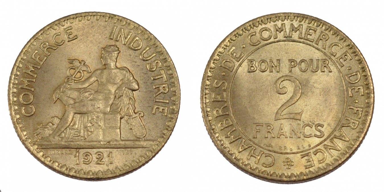 Frankreich 2 Francs 1921 Münze, Chambre de commerce, VZ+, AluminumBronze Frankreich 2 Francs 1921 Münze, Chambre de commerce, VZ+, AluminumBronze