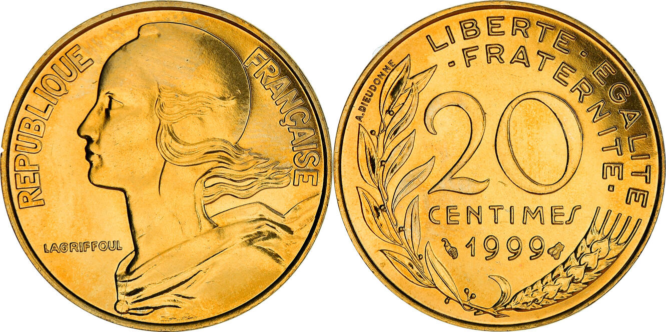 Frankreich 20 Centimes 1999 Paris Münze, Marianne, Paris, BU, STGL | MA