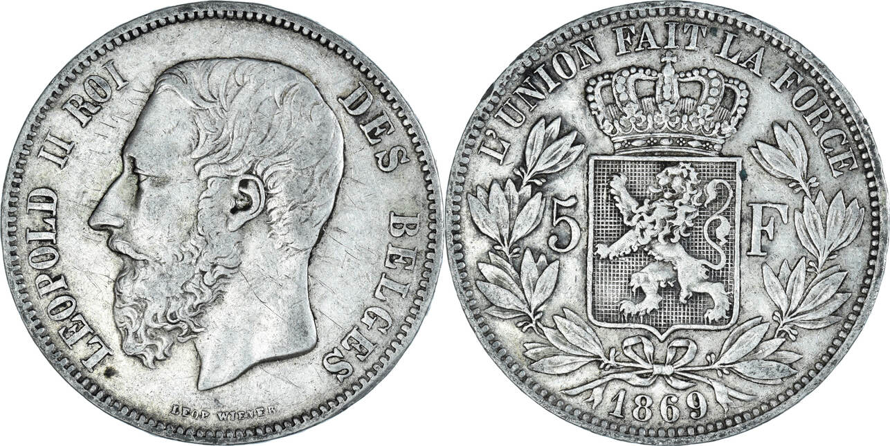 Belgien 5 Francs 5 Frank 1869 Münze Leopold II SS Silber KM 24 MA Shops