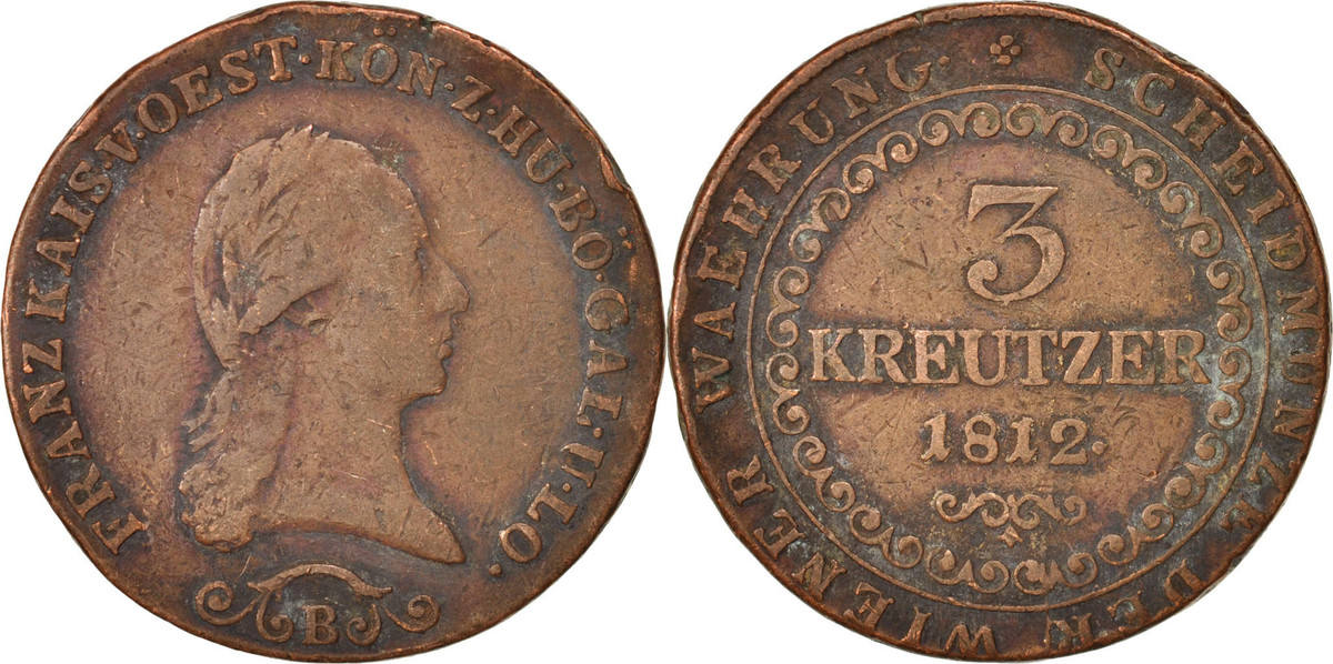 Österreich 3 Kreuzer 1812 B Münze, Franz II (I), S+, Kupfer, KM2116 Österreich 3 Kreuzer 1812 B Münze, Franz II (I), S+, Kupfer, KM2116