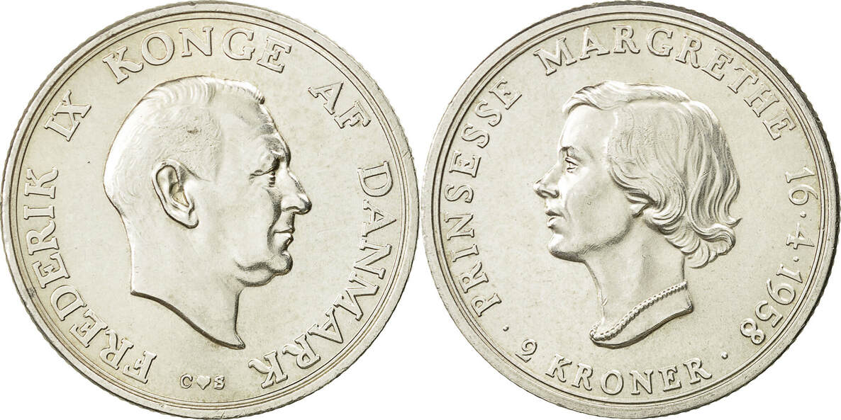 Dänemark 2 Kroner 1958 (h) Münze, Frederik IX, Copenhagen, UNZ, Silber ...