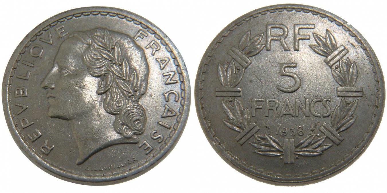 FRANCE 5 FRANCS NICKEL LAVRILLIER 1938 SUP- COUP - Boutique Loisir et