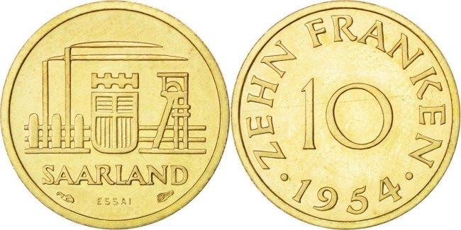 Saarland 10 Franken 1954 A Munze Paris Vz Aluminum Bronze Km E1 Ma Shops