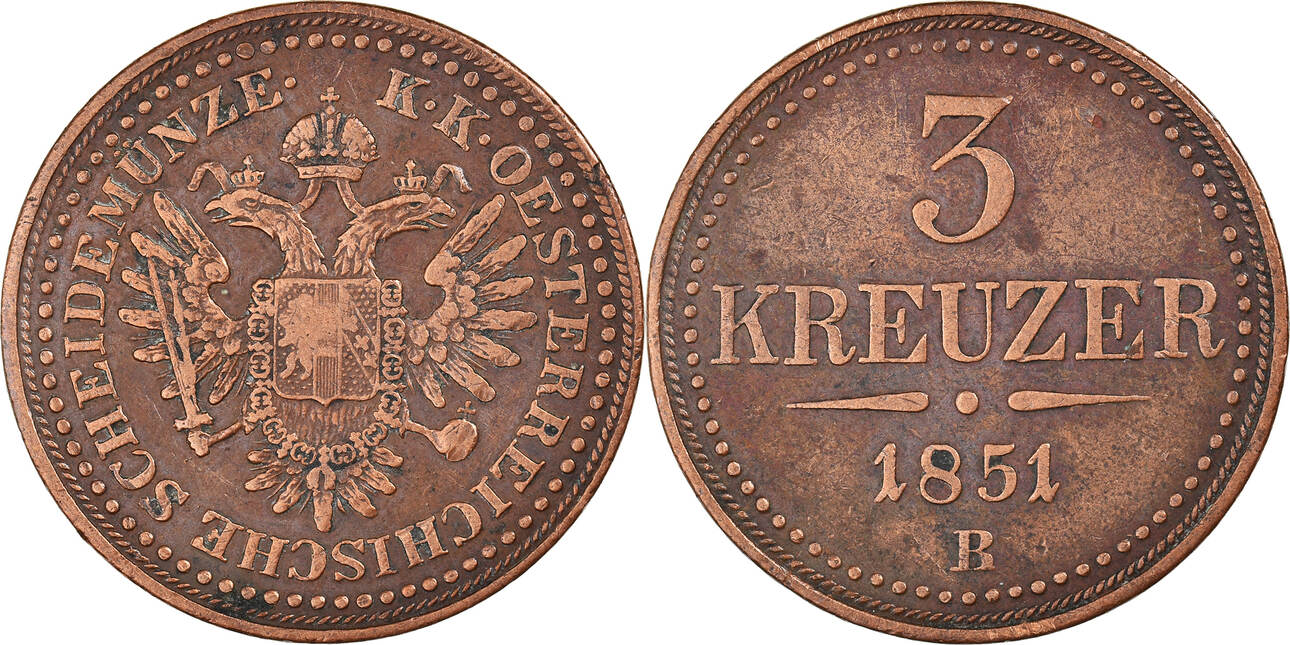 Österreich 3 Kreuzer 1851 B Münze, Franz Joseph I, Kremnitz, SS, Kupfer ...