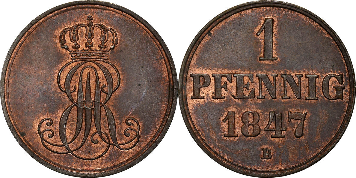 Deutsch Staaten Pfennig 1847 B Münze, HANNOVER, Ernst August, VZ+ ...