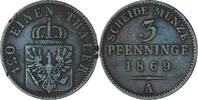 Deutsch Staaten 3 Pfennig Münze, PRUSSIA, Wilhelm I, SS, Kupfer, KM:482 -