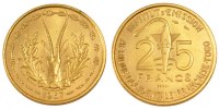 French West Africa 25 Francs Münze, STGL, Aluminum-Bronze, KM:E7 -