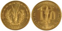 French West Africa 10 Francs Münze, STGL, Aluminum-Bronze, KM:E6 -