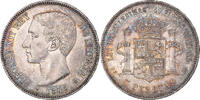 Spanien 5 Pesetas Münze, Alfonso XII, Madrid, SS+, Silber, KM:671 -