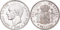 Spanien 5 Pesetas Münze, Alfonso XII, Madrid, SS, Silber, KM:688 -