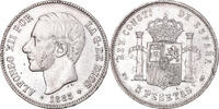 Spanien 5 Pesetas Münze, Alfonso XII, Madrid, SS+, Silber, KM:688 -