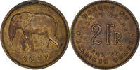 Belgisch-Kongo 2 Francs Münze, Régence Prince Charles, SS+, Messing -