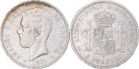 Spanien 5 Pesetas Münze, Amadeao I, SS, Silber, KM:666 -