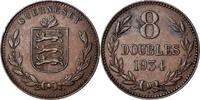 Guernsey 8 Doubles Münze, Heaton, Birmingham, SS+, Bronze, KM:14 -