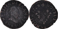 Frankreich Double Tournois Münze, Henri III, Rouen, S+, Kupfer -