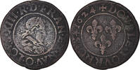 Frankreich Double Tournois Münze, Louis XIII, Riom, S+, Kupfer -