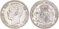 Spanien 5 Pesetas Münze, Amadeao I, Madrid, S+, Silber, KM:666 -