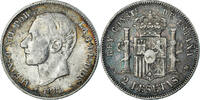 Spanien 2 Pesetas Münze, Alfonso XII, Madrid, S+, Silber, KM:678.2 -