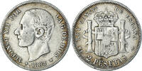 Spanien 2 Pesetas Münze, Alfonso XII, Madrid, S+, Silber, KM:678.2 -