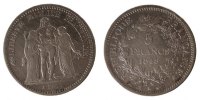 Frankreich 5 Francs Münze, Hercule, Bordeaux, S+, Silber, Gadoury:683 -