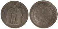 Frankreich 5 Francs Münze, Hercule, Bordeaux, S+, Silber, Gadoury:683 -