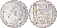Frankreich 20 Francs Münze, Turin, Paris, SS+, Silber, KM:879 -