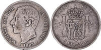 Spanien 5 Pesetas Münze, Alfonso XII, Madrid, S+, Silber, KM:688 -