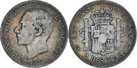 Spanien 2 Pesetas Münze, Alfonso XII, Madrid, S+, Silber, KM:678.1 -