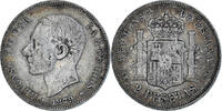Spanien 2 Pesetas Münze, Alfonso XII, Madrid, S+, Silber, KM:678.1 -