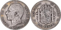 Spanien Peseta Münze, Alfonso XII, Madrid, S+, Silber, KM:686 -