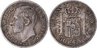 Spanien 50 Centimos Münze, Alfonso XII, SS, Silber, KM:685 -