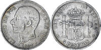 Spanien 5 Pesetas Münze, Alfonso XII, Madrid, S, Silber, KM:688 -