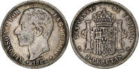 Spanien 5 Pesetas Alfonso XII, Madrid, S+, Silber, KM:688 -