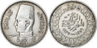 Ägypten 5 Piastres Münze, Farouk, British Royal Mint, VZ, Silber -