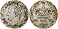 Griechenland 20 Lepta Münze, George I, Paris, SS, Silber, KM:44 -