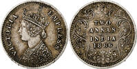 Britisch-Indien 2 Annas Münze, INDIA-BRITISH, Victoria, S+, Silber, KM:488 -