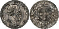 Italien 5 Lire Münze, Vittorio Emanuele II, Milan, S+, Silber, KM:8.3 -
