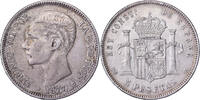 Spanien 5 Pesetas Alfonso XII, Madrid, Silber, SS, KM:676 -