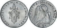Vatikanstadt 5 Lire Münze, Paul VI, UNZ, Aluminium, KM:118 -