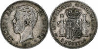 Spanien 5 Pesetas Amadeao I, Madrid, Silber, SS, KM:666 -