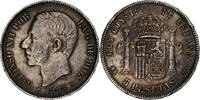 Spanien 5 Pesetas Alfonso XII, Madrid, Silber, S+, KM:688 -