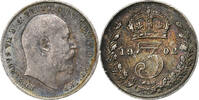 Großbritannien 3 Pence Edward VII, Silber, SS+, KM:797.1 -