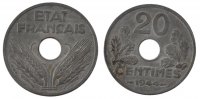 Frankreich 20 Centimes Münze, État français, Paris, SS+, Zinc -