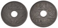 Frankreich 20 Centimes Münze, État français, Paris, VZ, Zinc -