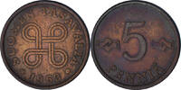 Finnland 5 Pennia Münze, SS+, Kupfer, KM:45 -
