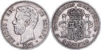 Spanien 5 Pesetas Münze, Amadeao I, Madrid, SS, Silber, KM:666 -