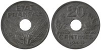Frankreich 20 Centimes Münze, État français, Paris, VZ, Zinc -